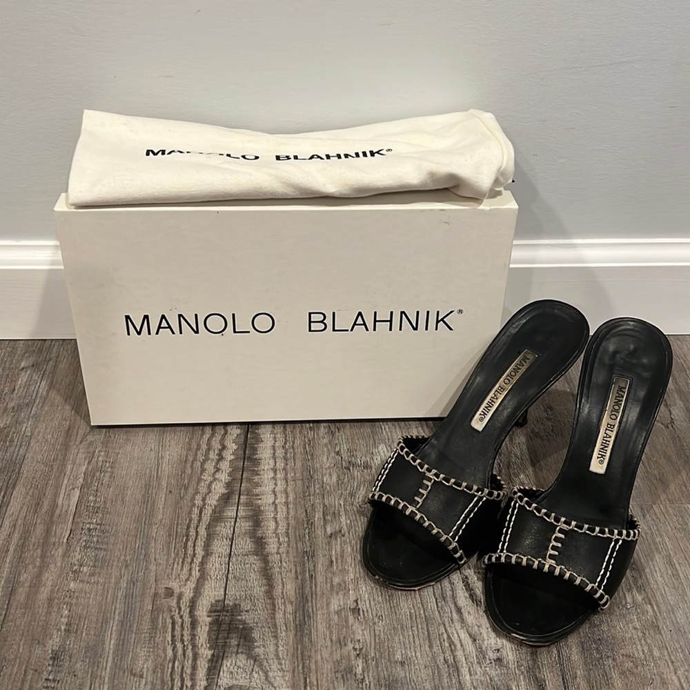 Manolo Blahnik Black Leather Chain-Trim Slide Heels